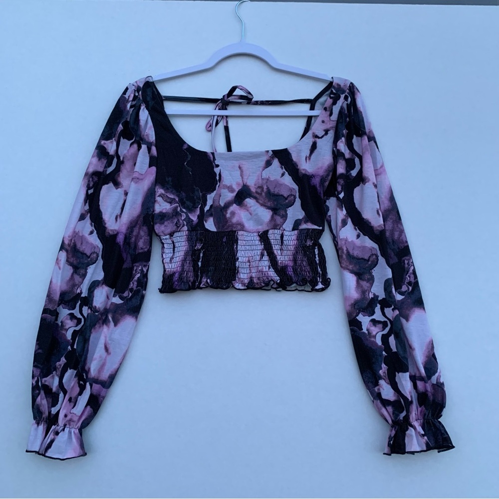 Topshop Crop Smocked Square Neck Blouse Women’s Black/ purple Size 4-6